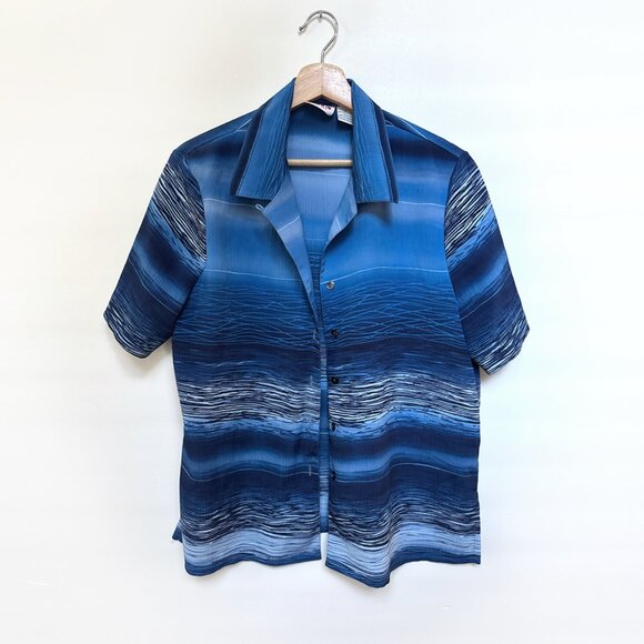 Vintage Alia Petites Blue Wave Print Button-Up Shirt – Size M - Picture 1 of 5
